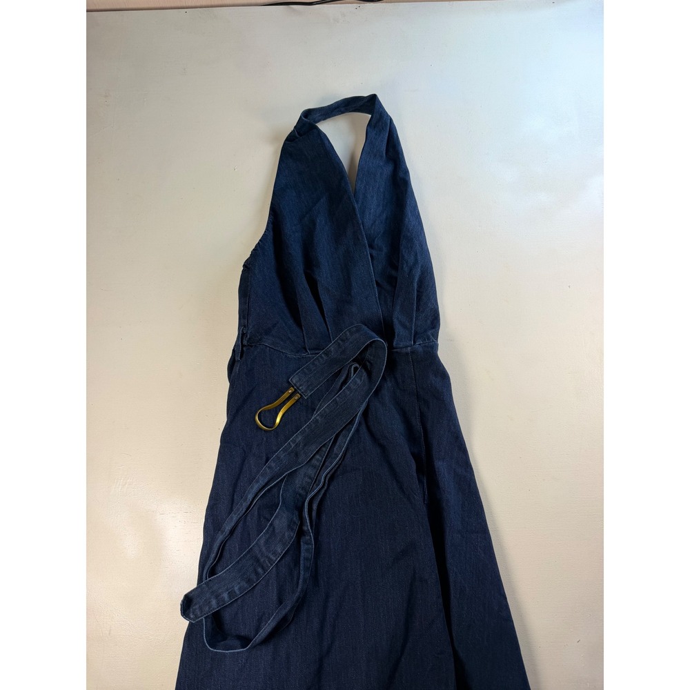 Commense Denim Halter Dress Womens XS Blue Excellent Wrap Style Gold Hardware